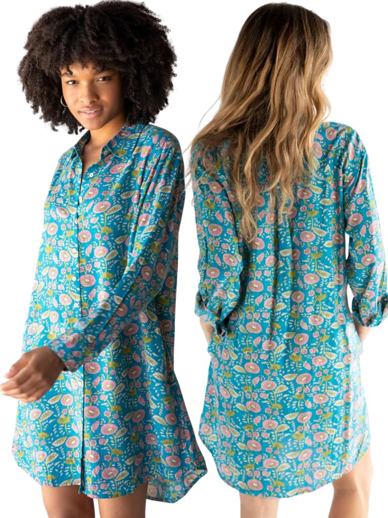 Natural Life Georgia Mini Shirt Dress Women's Medium Blue Floral Boho Button Up